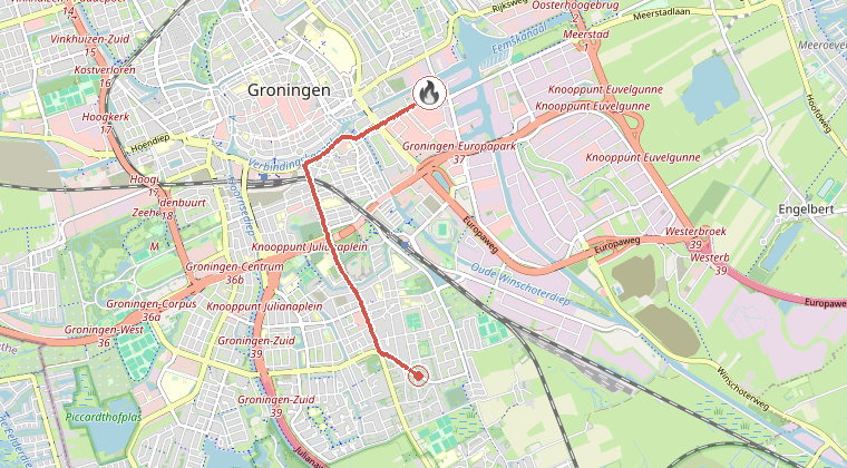 Kaart van de omgeving van de melding, met de kazerne die is gealarmeerd