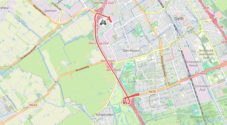 Kaart van de omgeving van de melding, met de kazerne die is gealarmeerd
