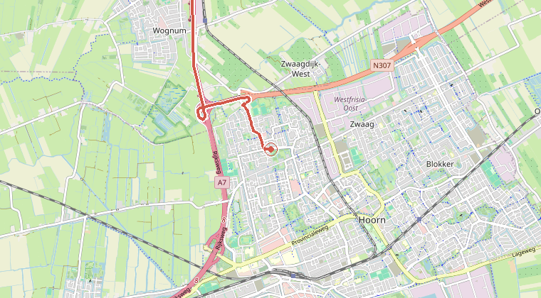 Kaart van de omgeving van de melding, met de kazerne die is gealarmeerd