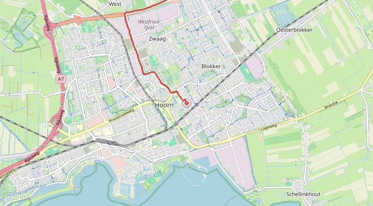 Kaart van de omgeving van de melding, met de kazerne die is gealarmeerd