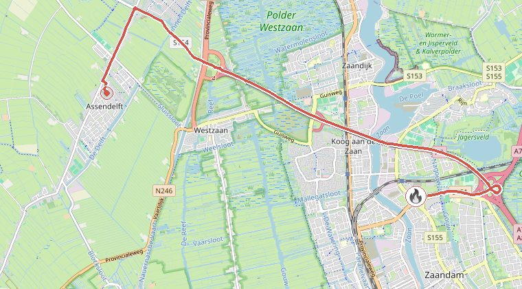 Kaart van de omgeving van de melding, met de kazerne die is gealarmeerd