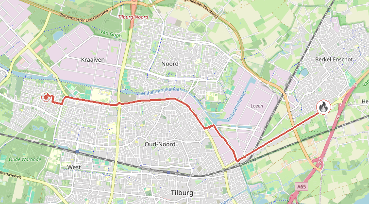 Kaart van de omgeving van de melding, met de kazerne die is gealarmeerd