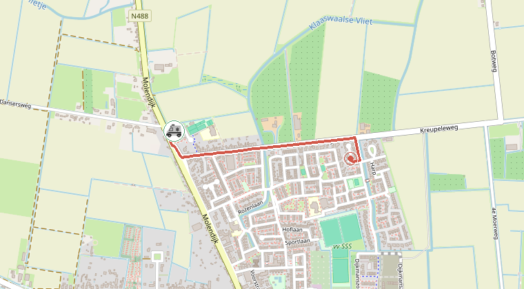 Kaart van de omgeving van de melding, met de kazerne die is gealarmeerd