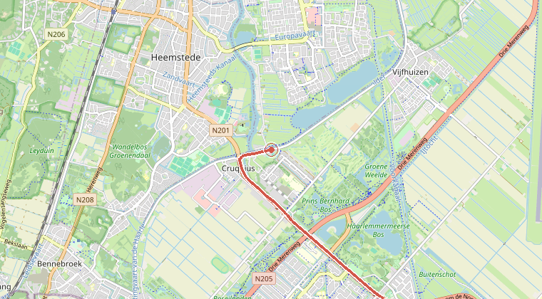 Kaart van de omgeving van de melding, met de kazerne die is gealarmeerd