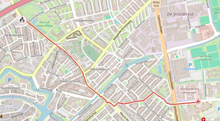 Kaart van de omgeving van de melding, met de kazerne die is gealarmeerd