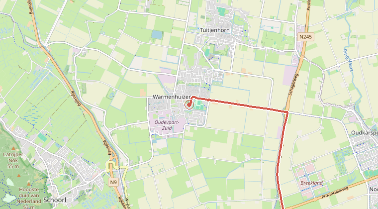 Kaart van de omgeving van de melding, met de kazerne die is gealarmeerd