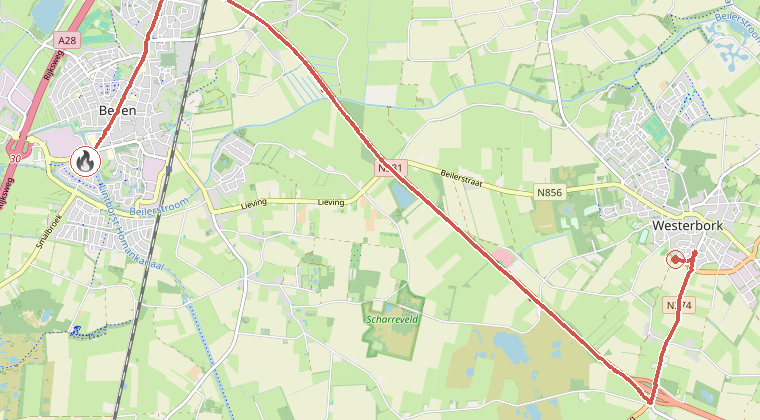 Kaart van de omgeving van de melding, met de kazerne die is gealarmeerd