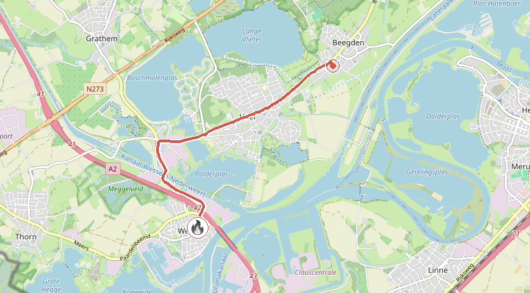 Kaart van de omgeving van de melding, met de kazerne die is gealarmeerd
