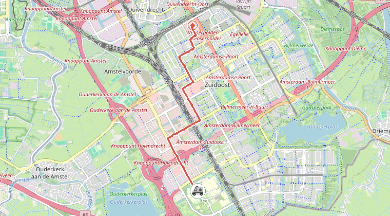 Kaart van de omgeving van de melding, met de kazerne die is gealarmeerd