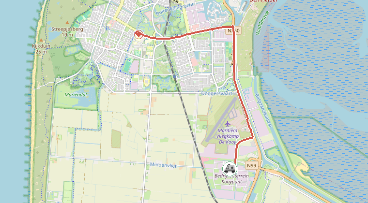Kaart van de omgeving van de melding, met de kazerne die is gealarmeerd