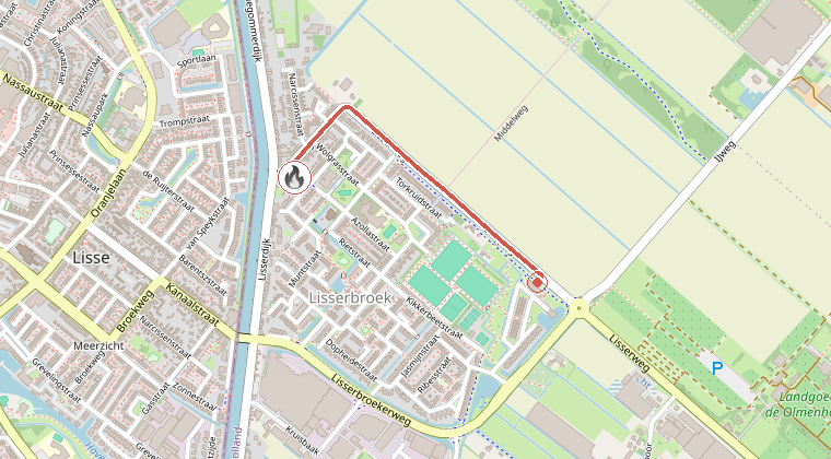 Kaart van de omgeving van de melding, met de kazerne die is gealarmeerd