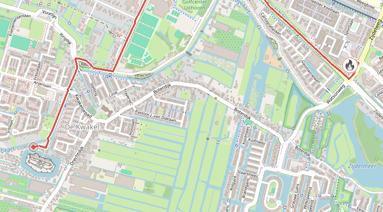 Kaart van de omgeving van de melding, met de kazerne die is gealarmeerd