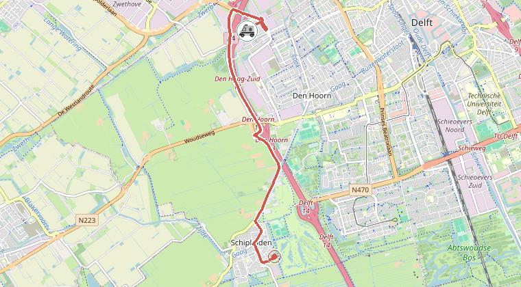Kaart van de omgeving van de melding, met de kazerne die is gealarmeerd