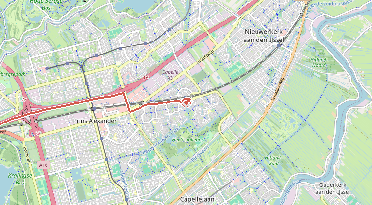 Kaart van de omgeving van de melding, met de kazerne die is gealarmeerd