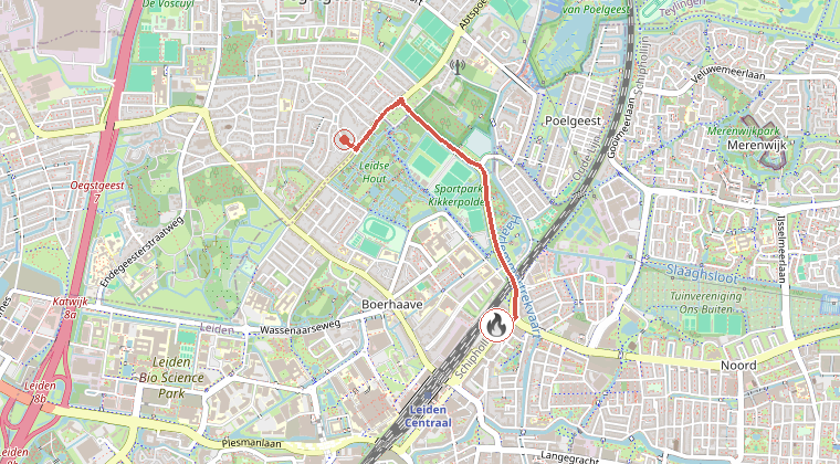 Kaart van de omgeving van de melding, met de kazerne die is gealarmeerd