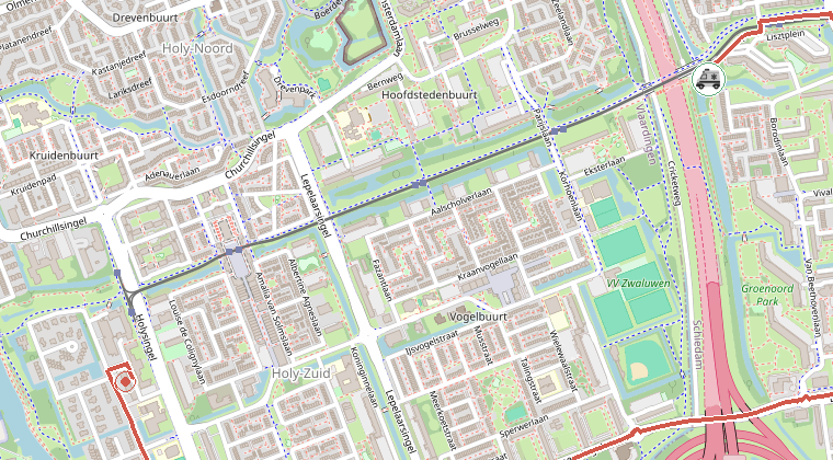 Kaart van de omgeving van de melding, met de kazerne die is gealarmeerd