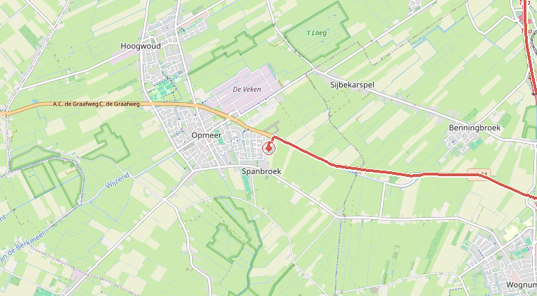 Kaart van de omgeving van de melding, met de kazerne die is gealarmeerd
