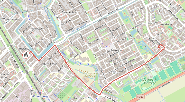 Kaart van de omgeving van de melding, met de kazerne die is gealarmeerd