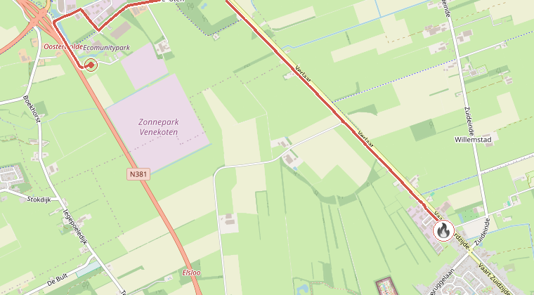 Kaart van de omgeving van de melding, met de kazerne die is gealarmeerd