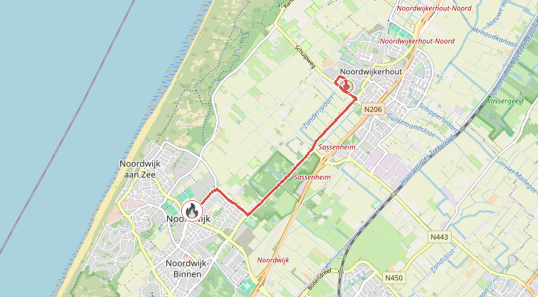 Kaart van de omgeving van de melding, met de kazerne die is gealarmeerd