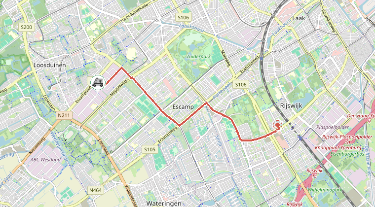 Kaart van de omgeving van de melding, met de kazerne die is gealarmeerd