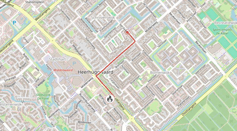 Kaart van de omgeving van de melding, met de kazerne die is gealarmeerd