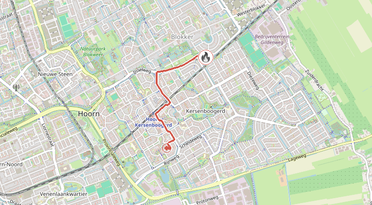 Kaart van de omgeving van de melding, met de kazerne die is gealarmeerd