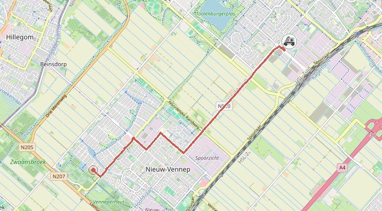 Kaart van de omgeving van de melding, met de kazerne die is gealarmeerd