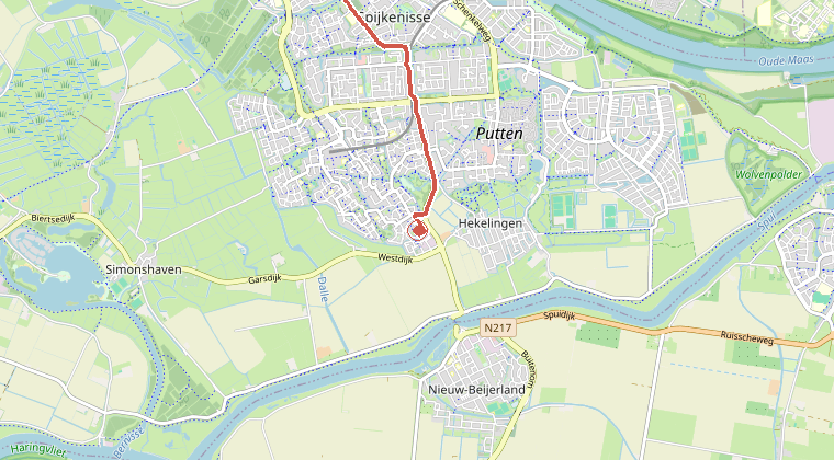 Kaart van de omgeving van de melding, met de kazerne die is gealarmeerd