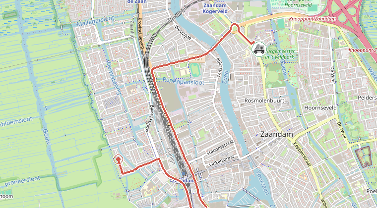 Kaart van de omgeving van de melding, met de kazerne die is gealarmeerd