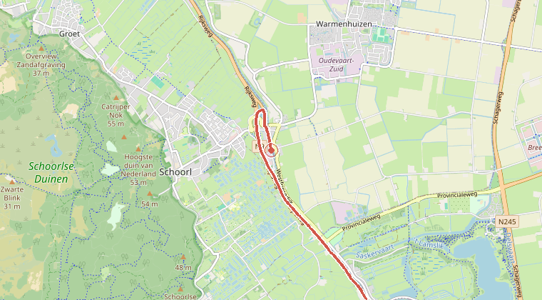 Kaart van de omgeving van de melding, met de kazerne die is gealarmeerd