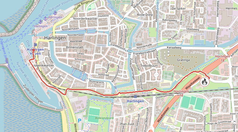 Kaart van de omgeving van de melding, met de kazerne die is gealarmeerd