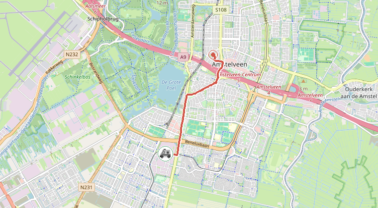 Kaart van de omgeving van de melding, met de kazerne die is gealarmeerd