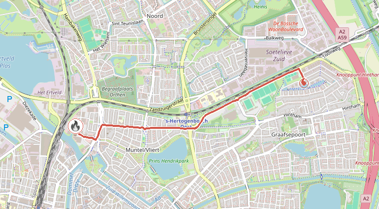 Kaart van de omgeving van de melding, met de kazerne die is gealarmeerd