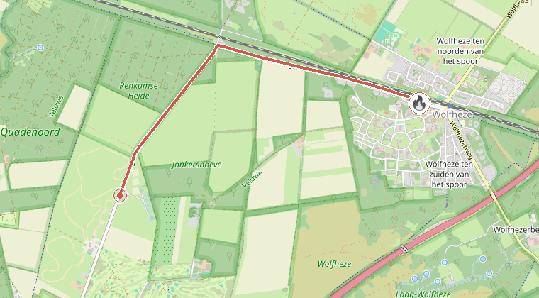 Kaart van de omgeving van de melding, met de kazerne die is gealarmeerd