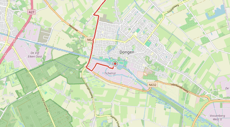 Kaart van de omgeving van de melding, met de kazerne die is gealarmeerd