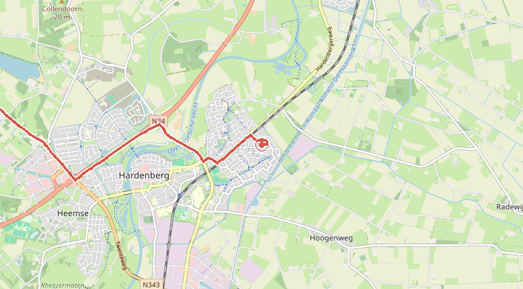 Kaart van de omgeving van de melding, met de kazerne die is gealarmeerd