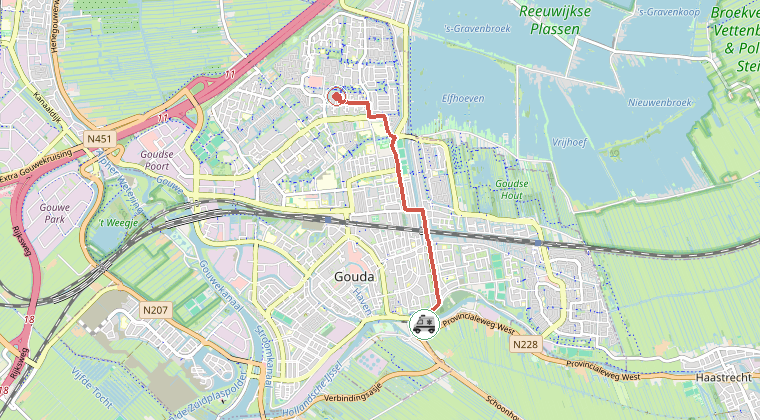 Kaart van de omgeving van de melding, met de kazerne die is gealarmeerd