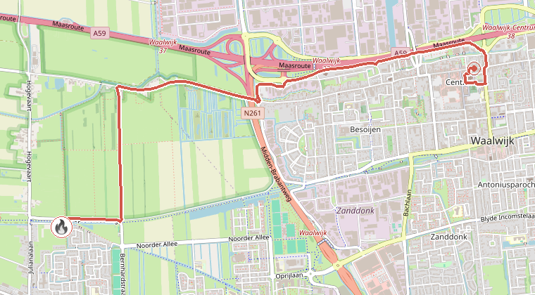 Kaart van de omgeving van de melding, met de kazerne die is gealarmeerd
