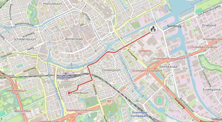 Kaart van de omgeving van de melding, met de kazerne die is gealarmeerd
