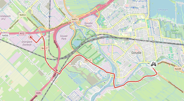 Kaart van de omgeving van de melding, met de kazerne die is gealarmeerd