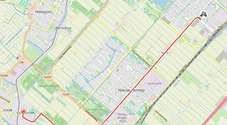 Kaart van de omgeving van de melding, met de kazerne die is gealarmeerd