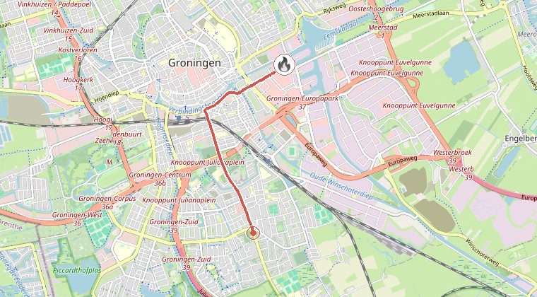 Kaart van de omgeving van de melding, met de kazerne die is gealarmeerd