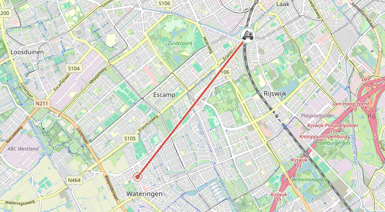 Kaart van de omgeving van de melding, met de kazerne die is gealarmeerd