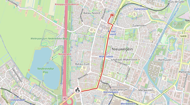 Kaart van de omgeving van de melding, met de kazerne die is gealarmeerd