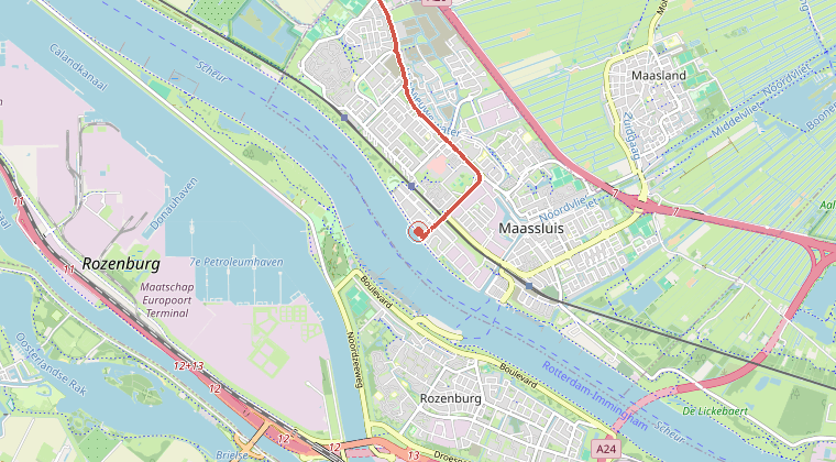 Kaart van de omgeving van de melding, met de kazerne die is gealarmeerd