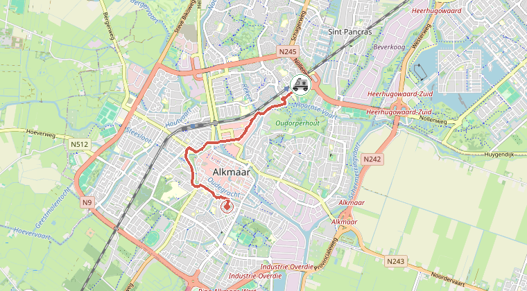 Kaart van de omgeving van de melding, met de kazerne die is gealarmeerd