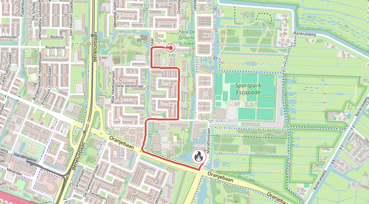 Kaart van de omgeving van de melding, met de kazerne die is gealarmeerd