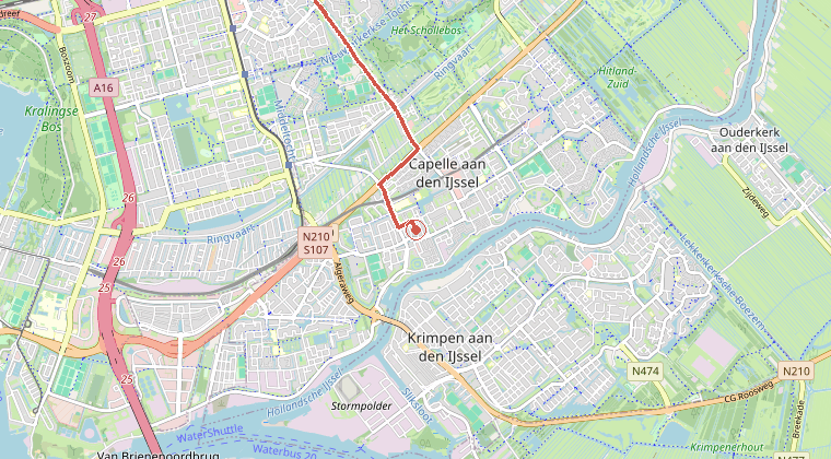 Kaart van de omgeving van de melding, met de kazerne die is gealarmeerd