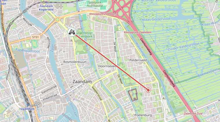 Kaart van de omgeving van de melding, met de kazerne die is gealarmeerd